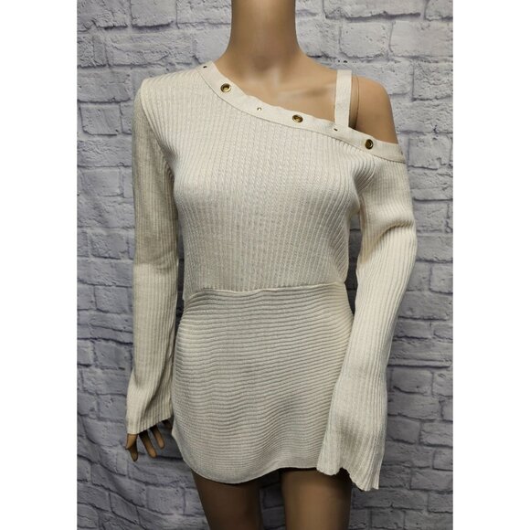 VENUS S IVORY CREAM COLD SHOULDER RIBBED KNIT GTOMMET TUNIC SIDE SLIT SWEATER TO - Picture 1 of 15
